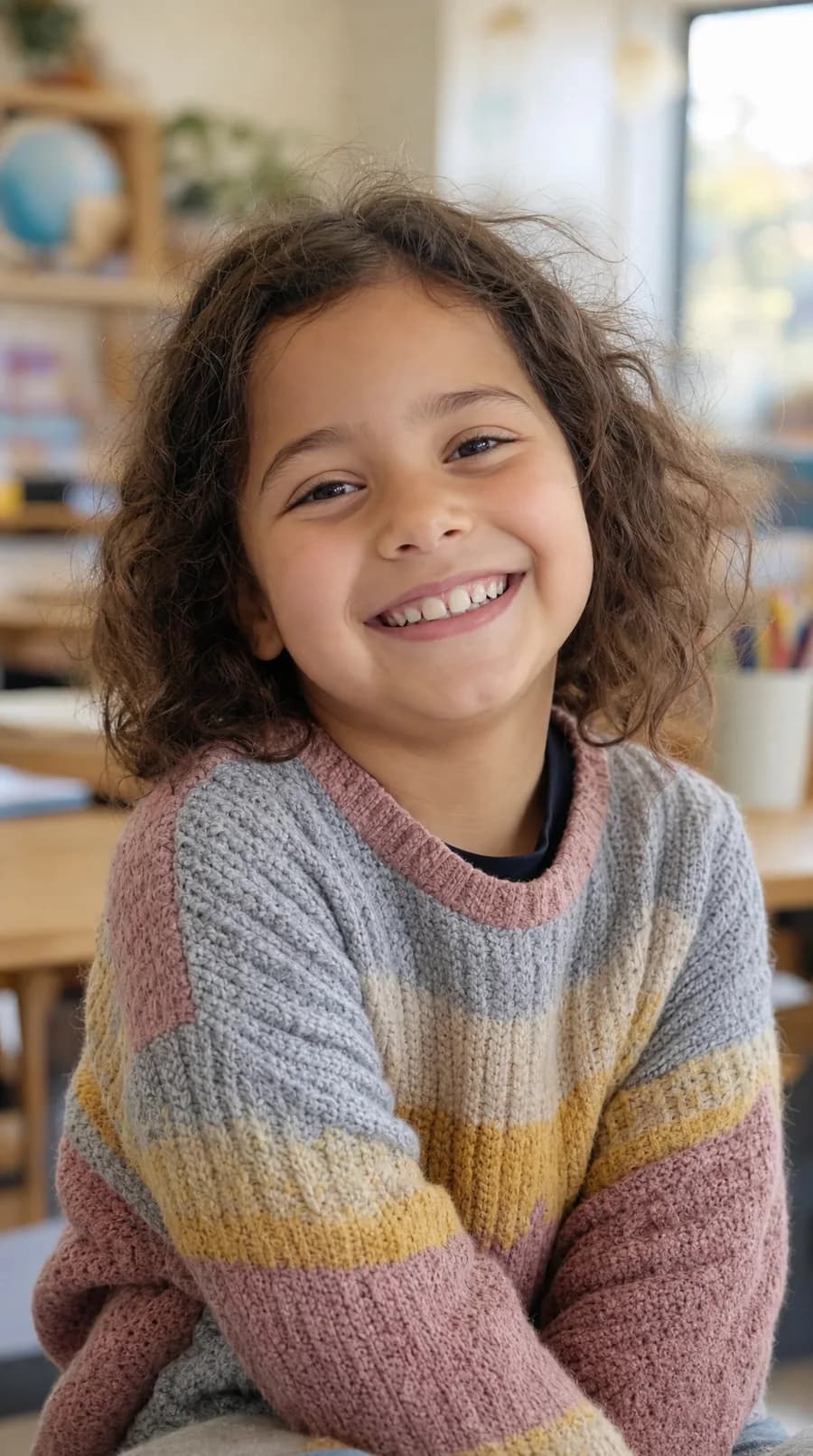 A happy young child smiling in a bright, warm learning space