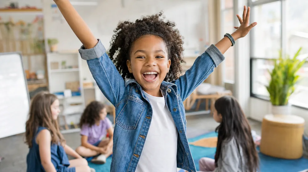 A happy, confident child with arms raised in a cheerful learning space