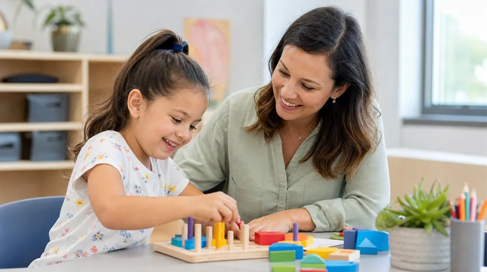 A specialized educator helping a smiling child with a hands-on learning activity