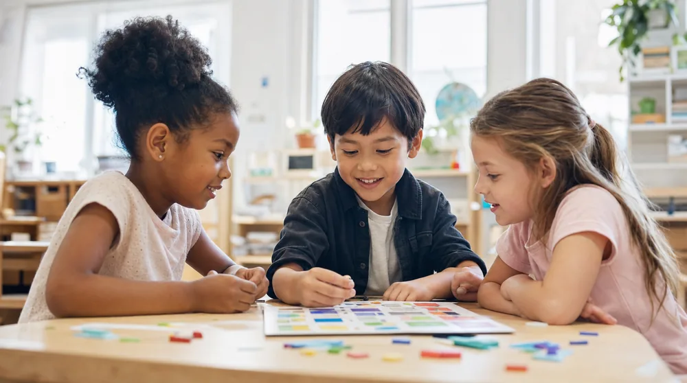 A small, diverse group of children learning together around a table